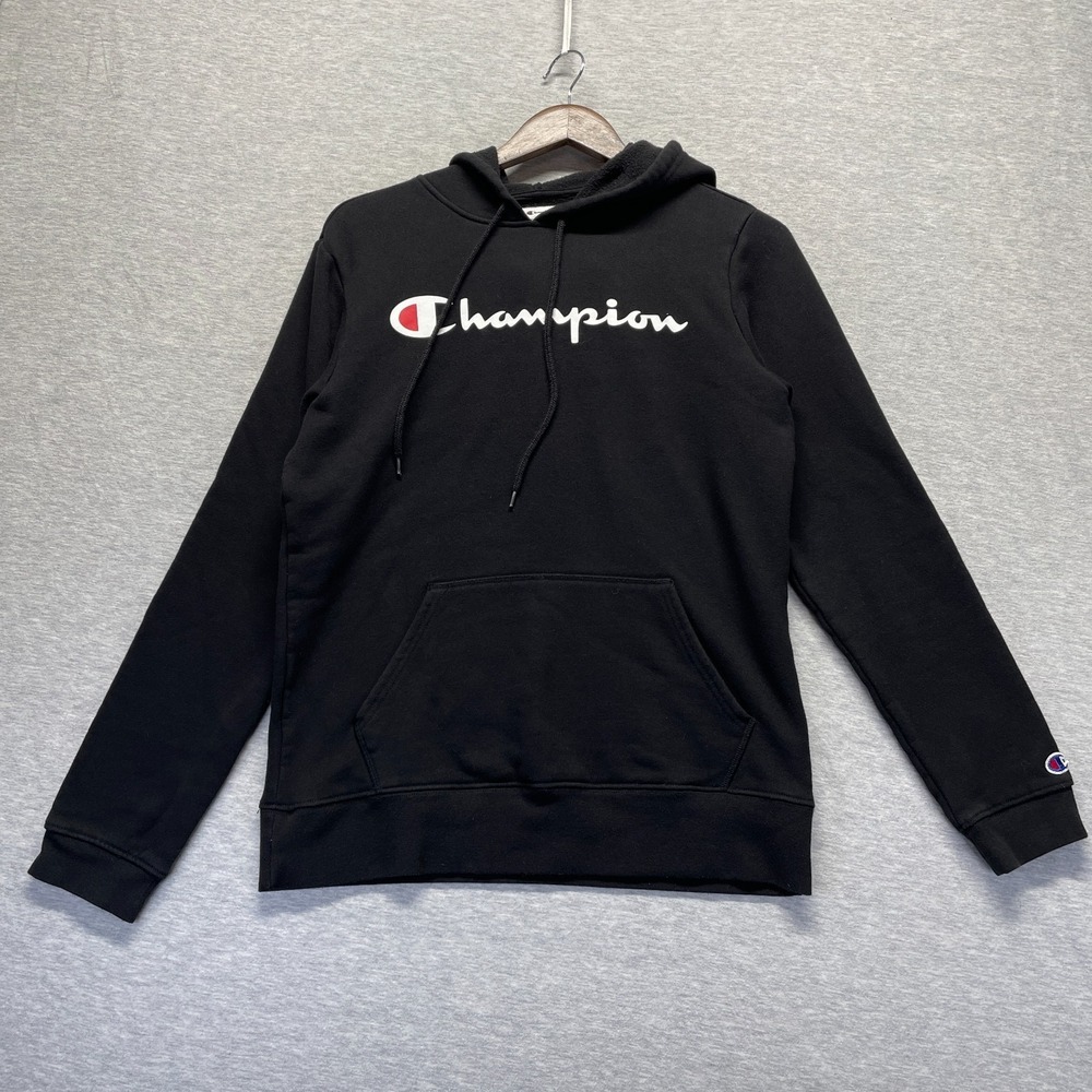 Champion Hoodie Men Small Black Logo Cotton Fleece Lined Ribbed Trim Winter Wear
